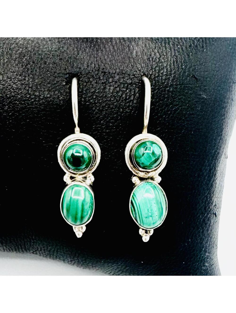 Sterling silver malachite cabochon hook earrings